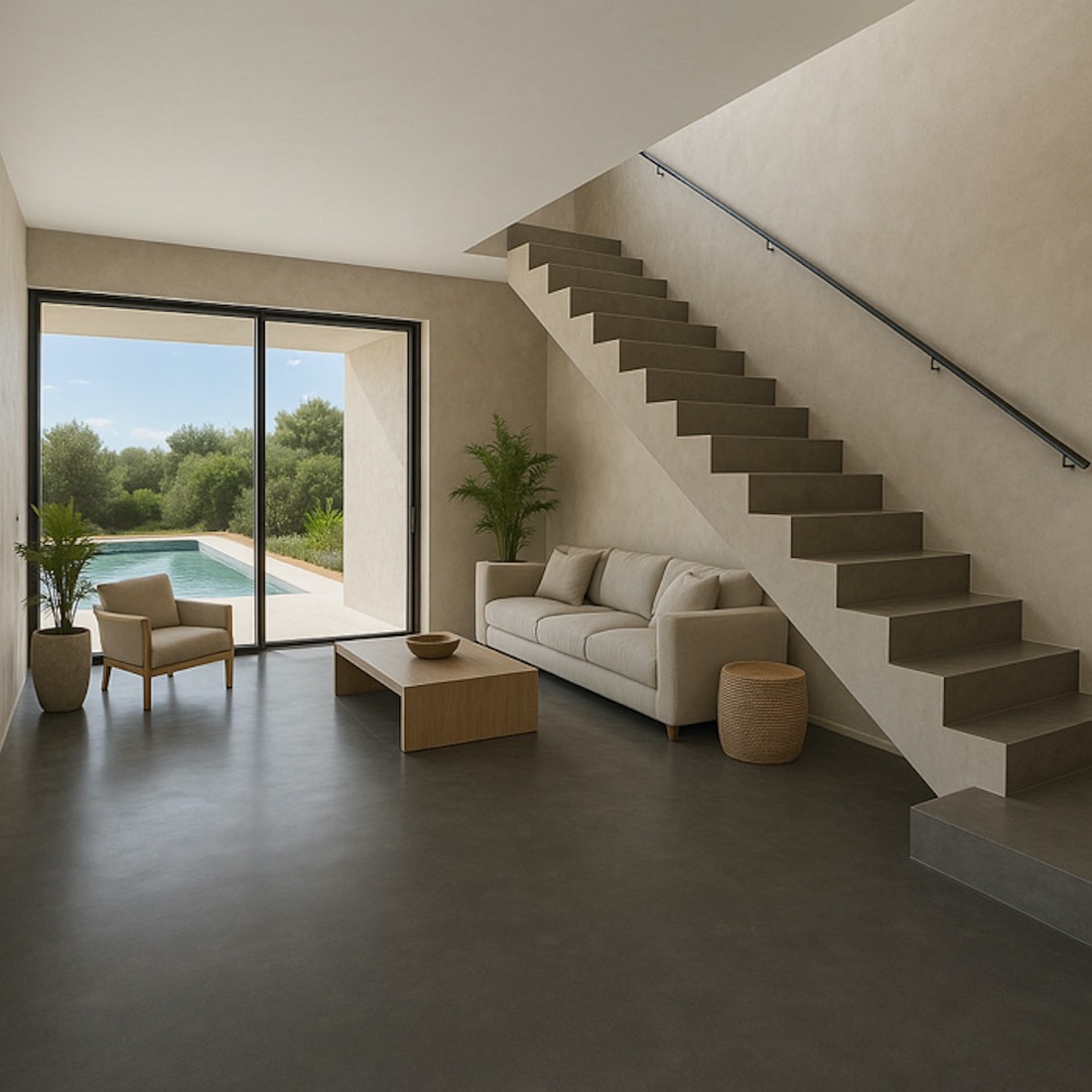 Living con pavimento in resina, render di progetto